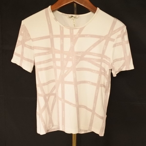 #spc エルメス HERMES Tシャツ SM 白 ピンク系 半袖 リボン ボルデュック柄 Sマーク ソルド品 イタリヤ製 レディース [765642]