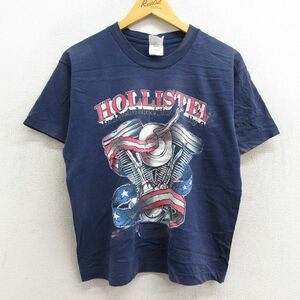 L/古着 半袖 ビンテージ Tシャツ メンズ 90s ホリスター バイク コットン クルーネック 紺 ネイビー 23mar25 中古