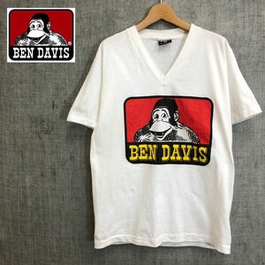 R488-F-N◆90s◆old◆ BEN DAVIS ベンデイビス 半袖Tシャツ カットソー Ｖネック ロゴプリント USA製◆ M コットン100 ホワイト 古着 春夏