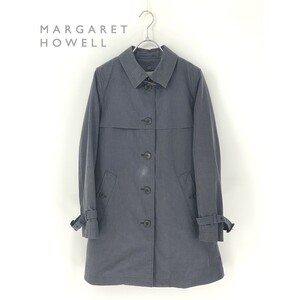 A9754/春夏 MARGARET HOWELL マーガレットハウエル コットン 千鳥格子 ウールライナー着脱 膝丈 ステンカラー コート 1 S程 紺 レディース