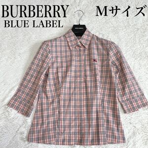 美品 バーバリーブルーレーベル ホースロゴ ピンク ノバチェック シャツ 38 BURBERRY BLUE LABEL