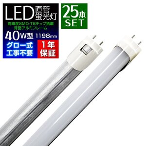 【25本セット】1年保証付き LED蛍光灯 昼光色 40W型 1198mm 約120cm 直管 LEDライト SMD グロー式 工事不要 照明 店舗 オフィス 省エネ