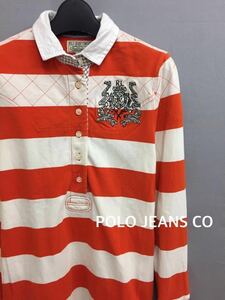 ポロジーンズ POLO JEANS COMPANY ボーダー ラガーシャツ ホワイト×オレンジ レディース Sサイズ !♯&