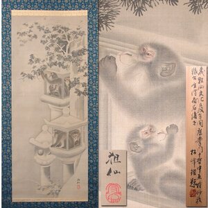 花◆江戸時代中後期【森祖仙(狙仙)】真筆 絹本淡彩 雪中灯籠群猿図 掛軸 「松峰」鑑定箱付