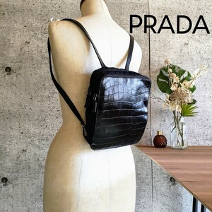 美品 PRADA オールドプラダ ビンテージ クロコ レザー ミニリュック 軽量 バッグ スクエア型 デイパック 鞄 ネイビー 黒 レディース メンズ