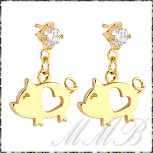 [EARRING] Gold Plated Cute Hollow Heart Pig Tiny Crystal Cz ハートホール ピッグ こぶた ダングル スタッドピアス