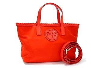 1円 ■美品■ TORY BURCH トリーバーチ ナイロン×レザー 2WAY ハンドバッグ トート ショルダー クロスボディ オレンジ系 BI8352