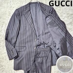 【美品 鑑定済】グッチ GUCCI スーツセットアップ トムフォード期 メンズ50 XL 黒 背広 テーラードジャケット スラックス ストライプ