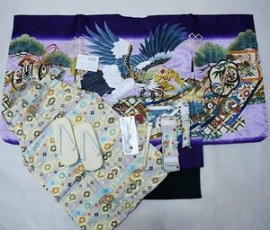 七五三 五歳 男児 羽織袴フルセット 着物 金刺繍 綸子地 紫地 鷹 豪華絢爛 L寸 袴変更可能 祝着 新品（株）安田屋 NO39780