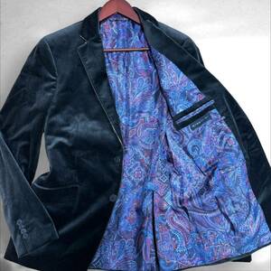 ◎美品 パイピング サイズ50 XL◎ ETRO エトロ 高級 ベロア テーラードジャケット 光沢 ブラック ペイズリー パープル 総柄 ベルベット