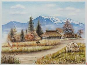 〇色鉛筆画・風景画・田園風景 農村風景　(165×223) 絵画 中古額縁付