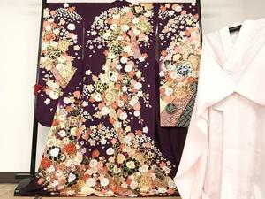 平和屋着物●極上　豪華振袖・長襦袢(無双仕立て・半衿刺繍)セット　花尽くし　金銀彩　ロング丈　正絹　逸品　AAAM7083ph