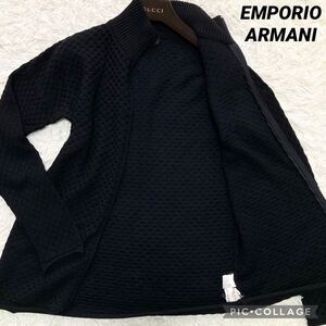 希少 XL位 EMPORIO ARMANI エンポリオアルマーニ ドライバーズニット ジャケット ハイネック エンボス ウール 黒 ブラック メンズ 52 