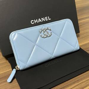 ★美品 32番台★CHANEL シャネル 財布 CHANEL19 ディズヌフ 長財布 ココマーク ラウンドファスナー ライトブルー