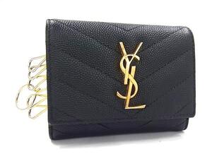 1円 ■美品■ YVESSAINTLAURENT イヴサンローラン Vステッチ レザー 6連 キーケース 鍵入れ レディース メンズ ブラック系 FF8905