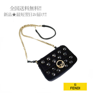 F043.. FENDI フェンディ イタリア製 チェーンショルダー付き ロゴ装飾 マイクロバッグ ブラック ★ 8M0371 A41G F0KUR