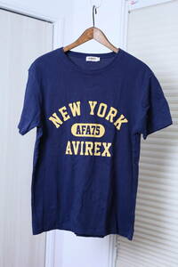 ★AVIREX アヴィレックス クラッキング加工プリント半袖Tシャツ　　古着ユーズド男性メンズL青ブルーネイビー濃紺服中古ミリタリー