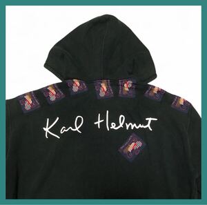 2805◆Karl Helmut カールヘルム◆ビッグロゴプリント 多数ロゴワッペン ジップアップ スウェット パーカー ブラック 金子功