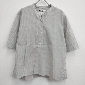 MHL. 595-0152507 サイズ3 COTTON LINEN STRIPE ストライプ バンドカラー 半袖シャツ ホワイト グレー エムエイチエル 4-0904S 245637