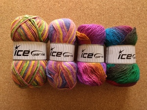 毛糸・Y19 / 既製・量産品 ice yarns 4玉セット 段染め 絣 Wool Design / Madonna / Primadonna