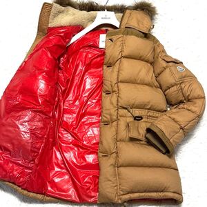 L相当●MONCLER モンクレール【GAZE ラムレザー リアルファーコート】ダウンジャケット ボア ブルゾン フード 羊革 本革 ベージュ系