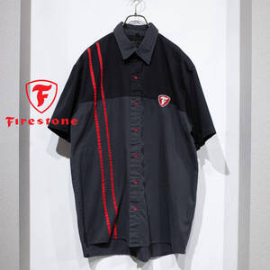 L / FIRESTONE ファイアストン T/Cツイル コットン ポリ 半袖 ワークシャツ レーシングシャツ スケーター プリント ワッペン 黒 グレー