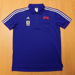 ☆極美品☆JFA☆サッカー 日本代表☆adidas☆アディダス☆ASA☆朝日新聞☆半袖 ポロシャツ☆サイズL☆青 ブルー★h