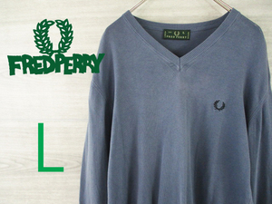 FREDPERRY●フレッドペリー イタリア製＜薄手 コットン ロゴ刺繍 Vネック ニット＞●M2073c