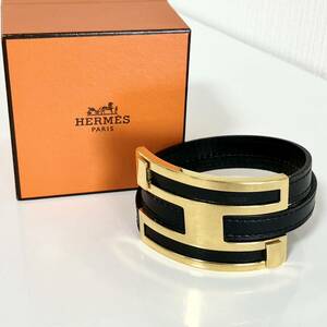 HERMES エルメス プスプス ブレスレット ゴールド ブラック レザー☆