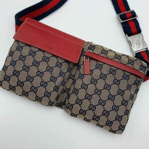  【極美品/使用感少】 GUCCI グッチ ウエストポーチ ボディバッグ GGキャンバス ショルダー シェリーライン GG柄 28566 メンズ ネイビー