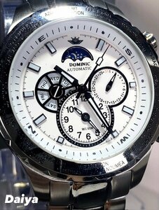 新品 正規品 ドミニク DOMINIC 自動巻き 腕時計 サン＆ムーン オートマティック カレンダー 5気圧防水 ステンレス ホワイト プレゼント
