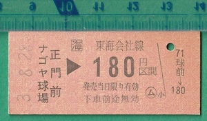 鉄道硬券切符54■ナゴヤ球場正門前→180円区間 3-8.28