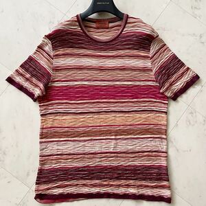 極美品/XLサイズ★ ミッソーニ MISSONI サマーニット マルチボーダー クルーネック カットソー Tシャツ 半袖 size52 イタリア製 メンズ