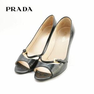 PRADA プラダ 34 21.0 オープントゥパンプス イタリア製 ヒール バックル ゴールド金具 エナメル 黒 ブラック /IC55