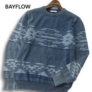 BAYFLOW ベイフロー 通年 ネイティブ柄★ ウォッシュ加工 インディゴ ニット セーター Sz.2　メンズ　A4T11444_A#L