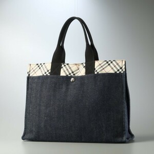 TH9310〇BURBERRY BLUE LABEL バーバリーブルーレーベル*デニム*ノバチェック柄*トートバッグ*鞄*ネイビー×ベージュ系