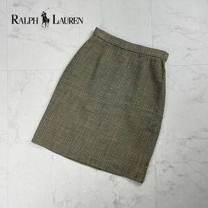 美品 RALPH LAUREN ラルフローレン グレンチェック 千鳥格子 膝丈タイトスカート 裏地あり レディース ボトムス ベージュ サイズ7*RC182