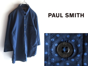 ネコポス対応 PS Paul Smith ポールスミス 裏地切替 ドット柄 コットン 七分袖 BDシャツ L ネイビー ブルー 紺 青 日本製 ボタンダウン