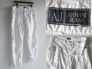 希少 00s ARMANI JEANS アルマーニジーンズ ロゴピスネーム 高密度コットン パラシュート ミリタリーパンツ 34 白 ホワイト 国内正規品 Y2K