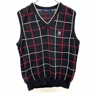 Aquascutum GOLF ゴルフ ウールライクカットソー ベスト チェック Vネック 綿100% 9号 M ブラック×レッド×オフホワイト 黒 レディース