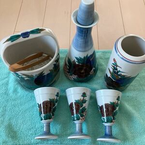 九谷焼 角福 酒器６点セット 中古美品♪宅飲み用に 牡丹と鳥