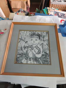 【色紙】花輪和一　額：約39×42×3cm　童女　刀　森の中　モノトーン　白黒　真作
