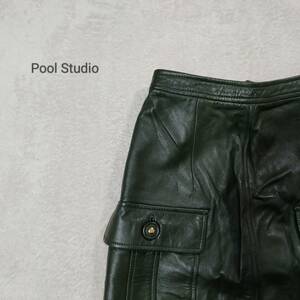 pool studio プールスタジオ レザー スカート ボトムス 無地 ポケット ひざ/ミディ丈 Aライン タイトめ カジュアル グリーン サイズ7 SJ280