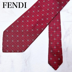 ◇ FENDI フェンディ シルク ネクタイ シルク 絹 イタリア製 紳士 総柄 ズッカ ブロックチェック メンズ レッド 赤