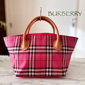 極美品 BURBERRY バーバリー 舟形 レザートートバッグ＊ノバチェック レディース 牛革 本革 ピンク レッド 赤 ハンド 可愛い 