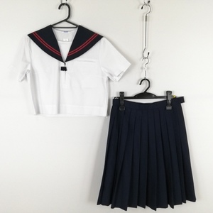 1円 セーラー服 スカート 上下2点セット 夏物 赤2本線 女子 学生服 中学 高校 白 制服 中古 ランクB EY5198