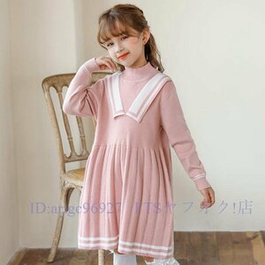 A7363★新品卒服 ワンピース セーラー襟 ニットワンピース 長袖 子供服 女の子 ニット セーター ワンピース フォーマル 入学式 ピンク