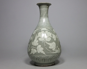【都涼音】朝鮮古陶美術　時代高麗青磁　白象嵌花文　花瓶