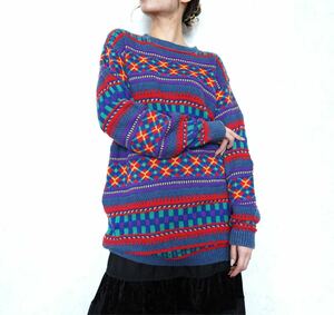 USA VINTAGE LIZ WEAR 3D DESIGN COTTON OVER KNIT/アメリカ古着3Dデザインコットンオーバーニット