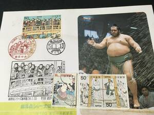 【★】「相撲絵シリーズ切手　高見山」切手３枚セット」　＊裏シミあり